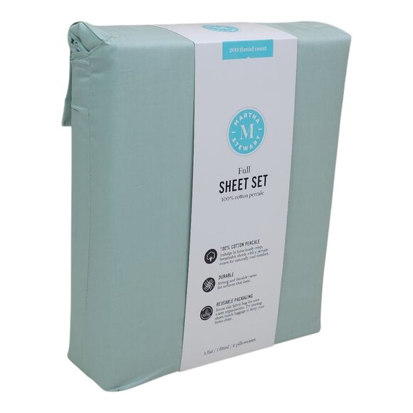 Martha Stewart Full Sheet Set 200 Thread Count Cotton Percale Green - Picture 8 of 8